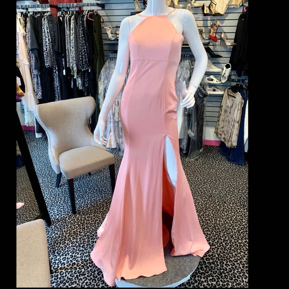 Jovani peach halter gown